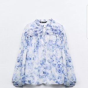 Zara Blue and White Ruffled Long Sleeve Blouse